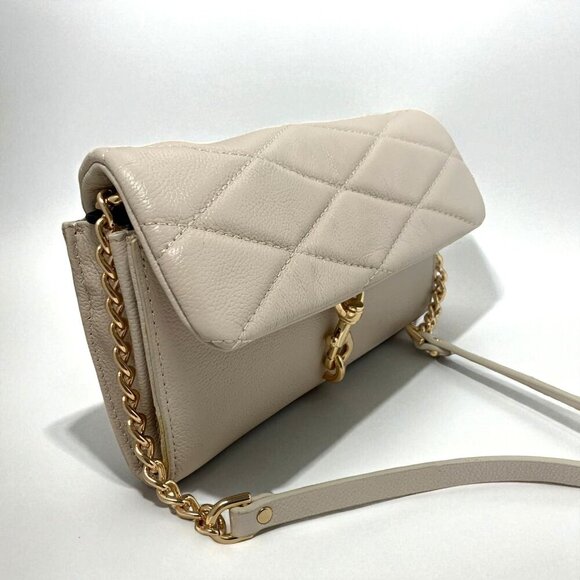 Rebecca Minkoff Quilted Edie Leather Crossbody Bag Convertible Strap Beige/Gold - Picture 1 of 12